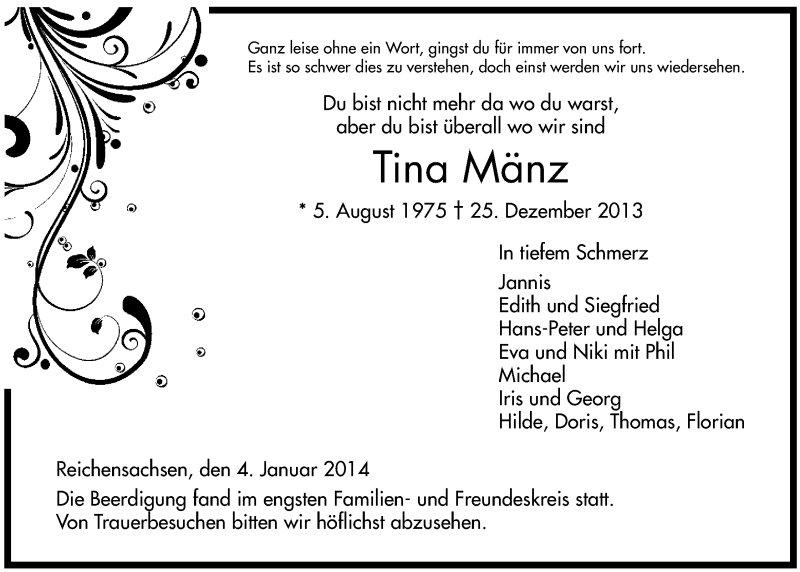  Traueranzeige für Tina Mänz vom 04.01.2014 aus Werra Rundschau