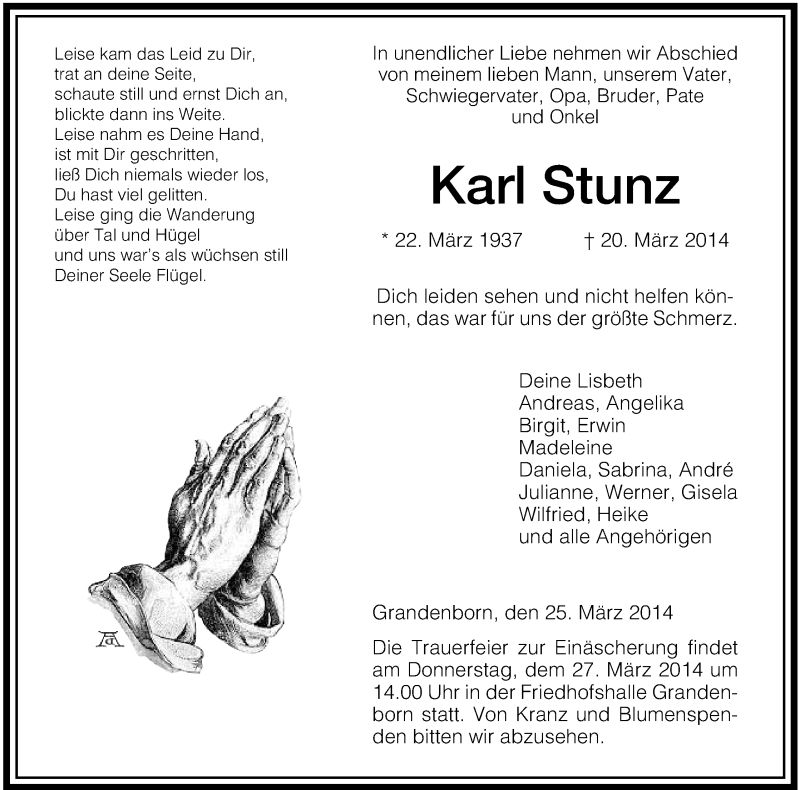  Traueranzeige für Karl Stunz vom 25.03.2014 aus Werra Rundschau