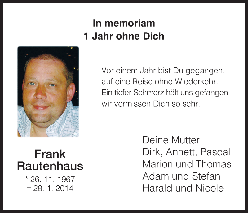  Traueranzeige für Frank Rautenhaus vom 28.01.2015 aus Eschwege