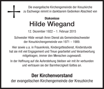 Traueranzeige von Hilde Wiegand von Eschwege