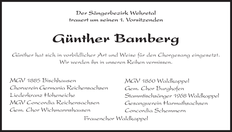  Traueranzeige für Günther Bamberg vom 28.01.2015 aus Eschwege