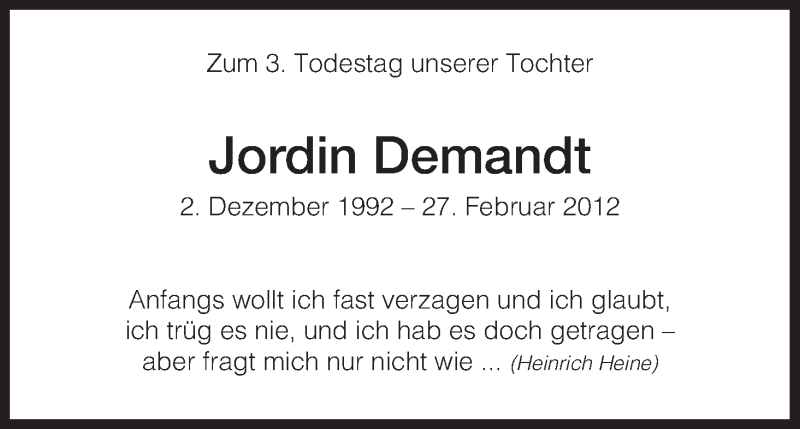  Traueranzeige für Jordin Demandt vom 27.02.2015 aus Eschwege