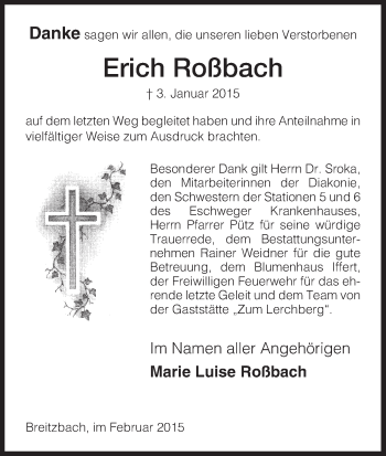 Traueranzeige von Erich Roßbach von Eschwege