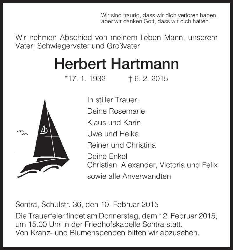  Traueranzeige für Herbert Hartmann vom 10.02.2015 aus Eschwege