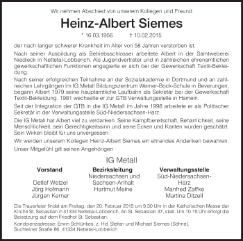 Traueranzeige von Heinz-Albert Siemes von Eschwege