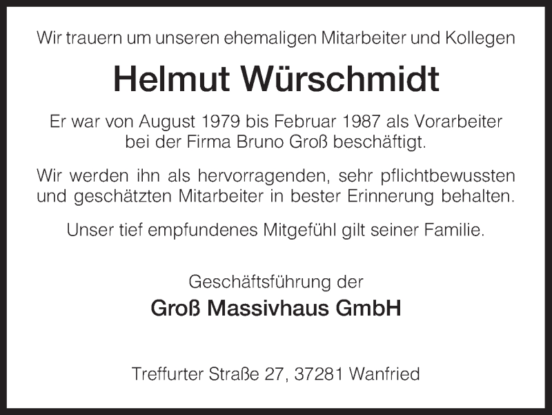  Traueranzeige für Helmut Würschmidt vom 21.03.2015 aus Eschwege