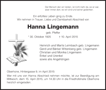 Traueranzeige von Hanna Lingemann von Eschwege