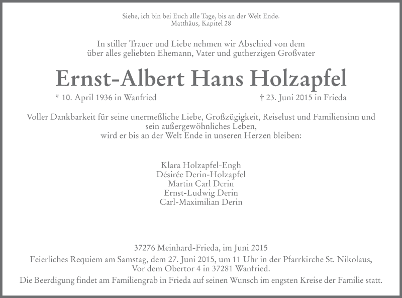  Traueranzeige für Ernst-Albert Hans Holzapfel vom 27.06.2015 aus Eschwege