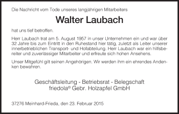 Traueranzeige von Walter Laubach von Eschwege