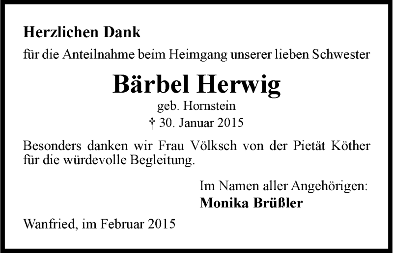  Traueranzeige für Bärbel Herwig vom 21.02.2015 aus Eschwege