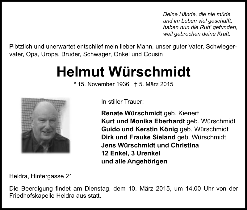  Traueranzeige für Helmut Würschmidt vom 07.03.2015 aus Eschwege
