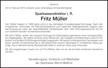 Traueranzeige von Fritz Müller von Eschwege