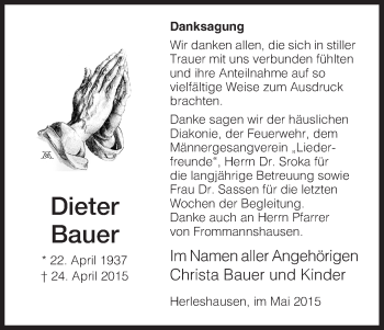 Traueranzeige von Dieter Bauer von Eschwege