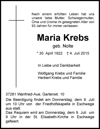 Traueranzeige von Maria Krebs von Eschwege