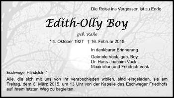 Traueranzeige von Edith-Olly Boy von Eschwege