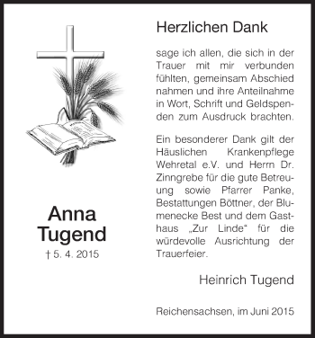 Traueranzeige von Anna Tugend von Eschwege