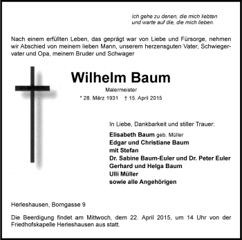 Traueranzeige von Wilhelm Baum von Eschwege