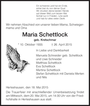 Traueranzeige von Maria Schettlock von Eschwege