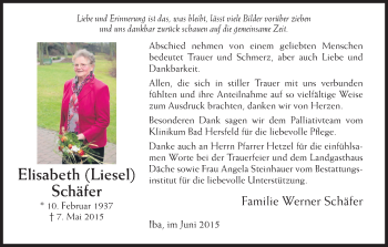 Traueranzeige von Elisabeth Schäfer von Eschwege