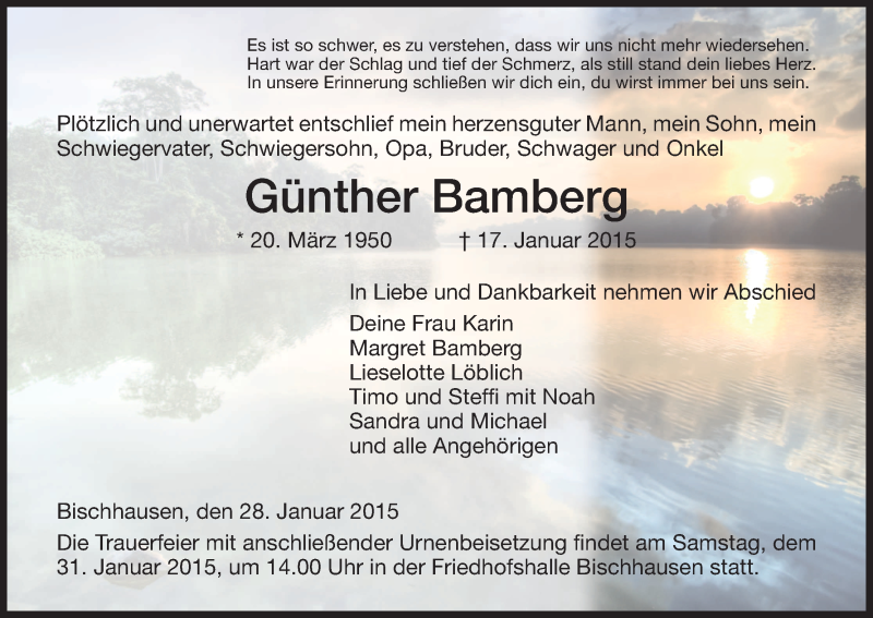  Traueranzeige für Günther Bamberg vom 28.01.2015 aus Eschwege