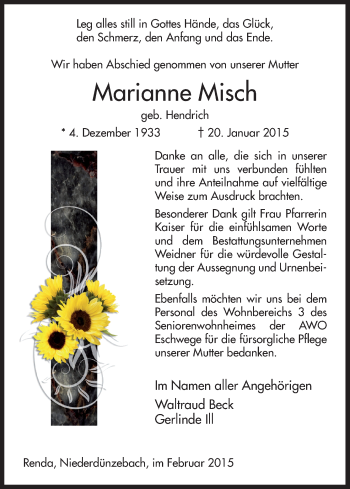 Traueranzeige von Marianne Misch von Eschwege