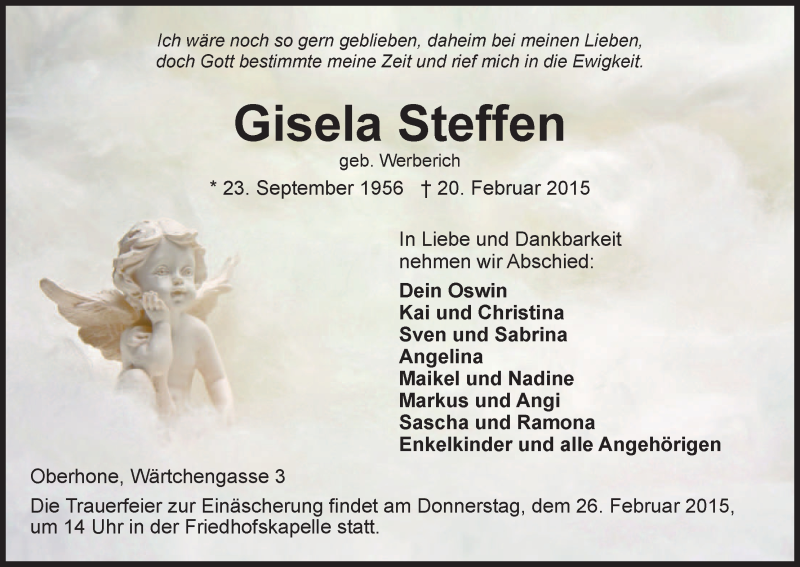  Traueranzeige für Gisela Steffen vom 24.02.2015 aus Eschwege