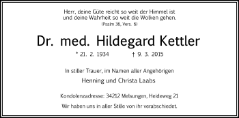 Traueranzeige von Hildegard Kettler von Eschwege