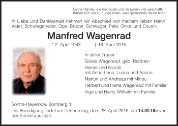 Traueranzeige von Manfred Wagenrad von Eschwege