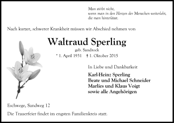 Traueranzeige von Waltraud Sperling von Eschwege