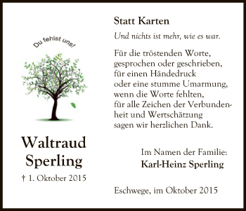 Traueranzeige von Waltraud Sperling von Eschwege