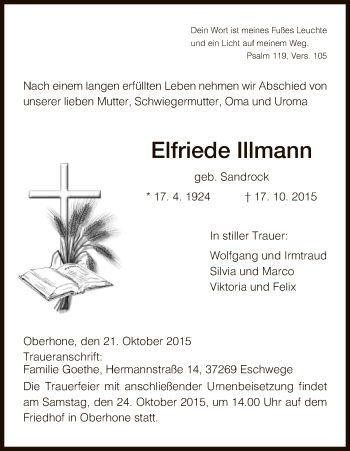 Traueranzeige von Elfriede Illmann von Eschwege