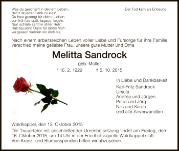 Traueranzeige von Melitta Sandrock von Eschwege