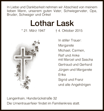 Traueranzeige von Lothar Lask von Eschwege