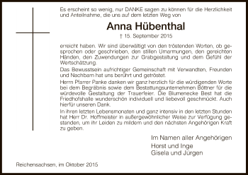 Traueranzeige von Anna Hübenthal von Eschwege