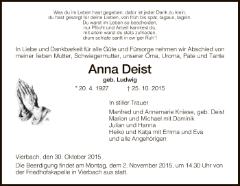 Traueranzeige von Anna Deist von Eschwege