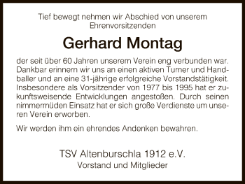 Traueranzeige von Gerhard Montag von Eschwege