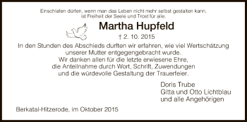 Traueranzeige von Martha Hupfeld von Eschwege