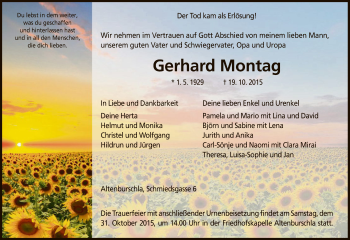 Traueranzeige von Gerhard Montag von Eschwege