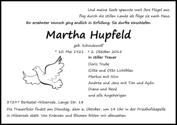 Traueranzeige von Martha Hupfeld von Eschwege