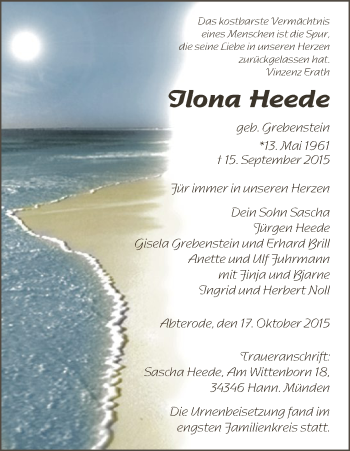 Traueranzeige von Ilona Heede von Eschwege