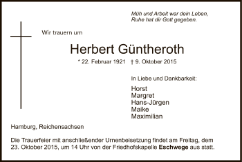 Traueranzeige von Herbert Güntheroth von Eschwege