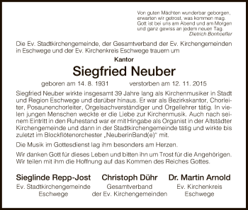 Traueranzeige von Siegfried Neuber von Eschwege