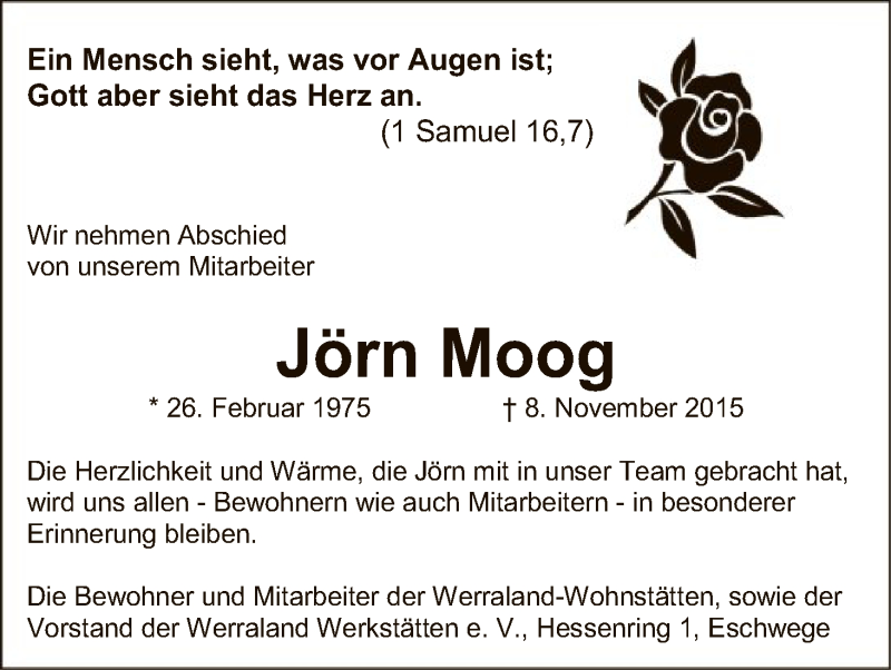  Traueranzeige für Jörn Moog vom 14.11.2015 aus Eschwege