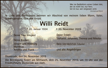 Traueranzeige von Willi Reidt von Eschwege