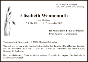 Traueranzeige von Elisabeth Wennemuth von Eschwege