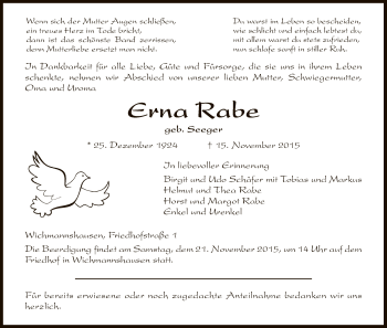 Traueranzeige von Erna Rabe von Eschwege