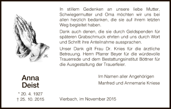 Traueranzeige von Anna Deist von Eschwege