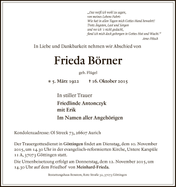 Traueranzeige von Frieda Börner von Eschwege