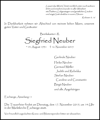 Traueranzeige von Siegfried Neuber von Eschwege