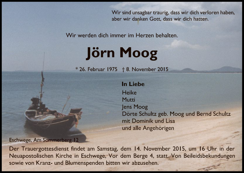  Traueranzeige für Jörn Moog vom 11.11.2015 aus Eschwege